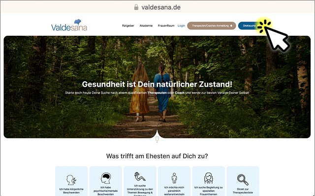 Screenshot der Valdesana-Webseite, wo die Therapeutensuche zu finden ist